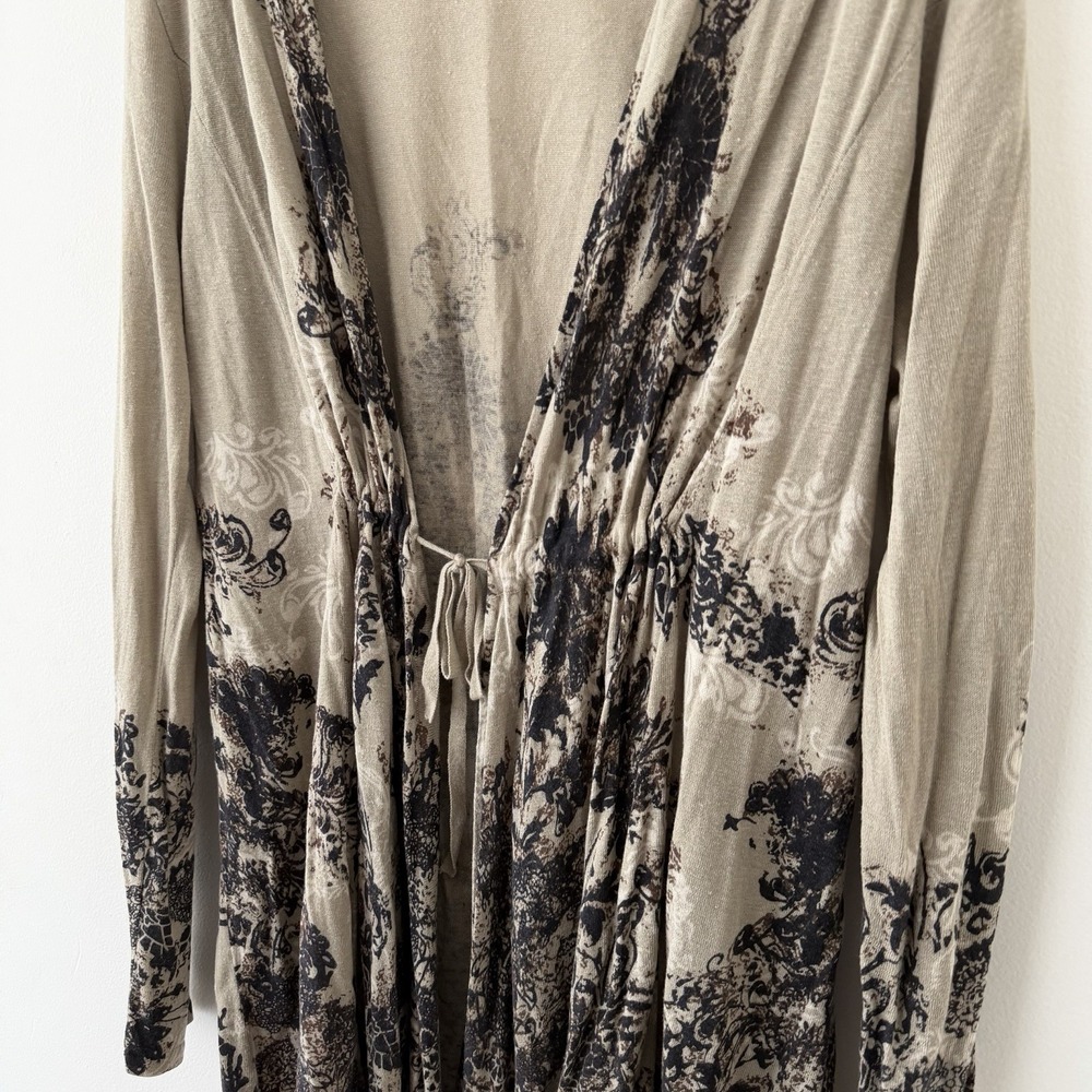 Nic + Zoe Cardigan L Beige Black Graphic Silk Linen Tie Waist Fairy Grunge Indie - Picture 5 of 9
